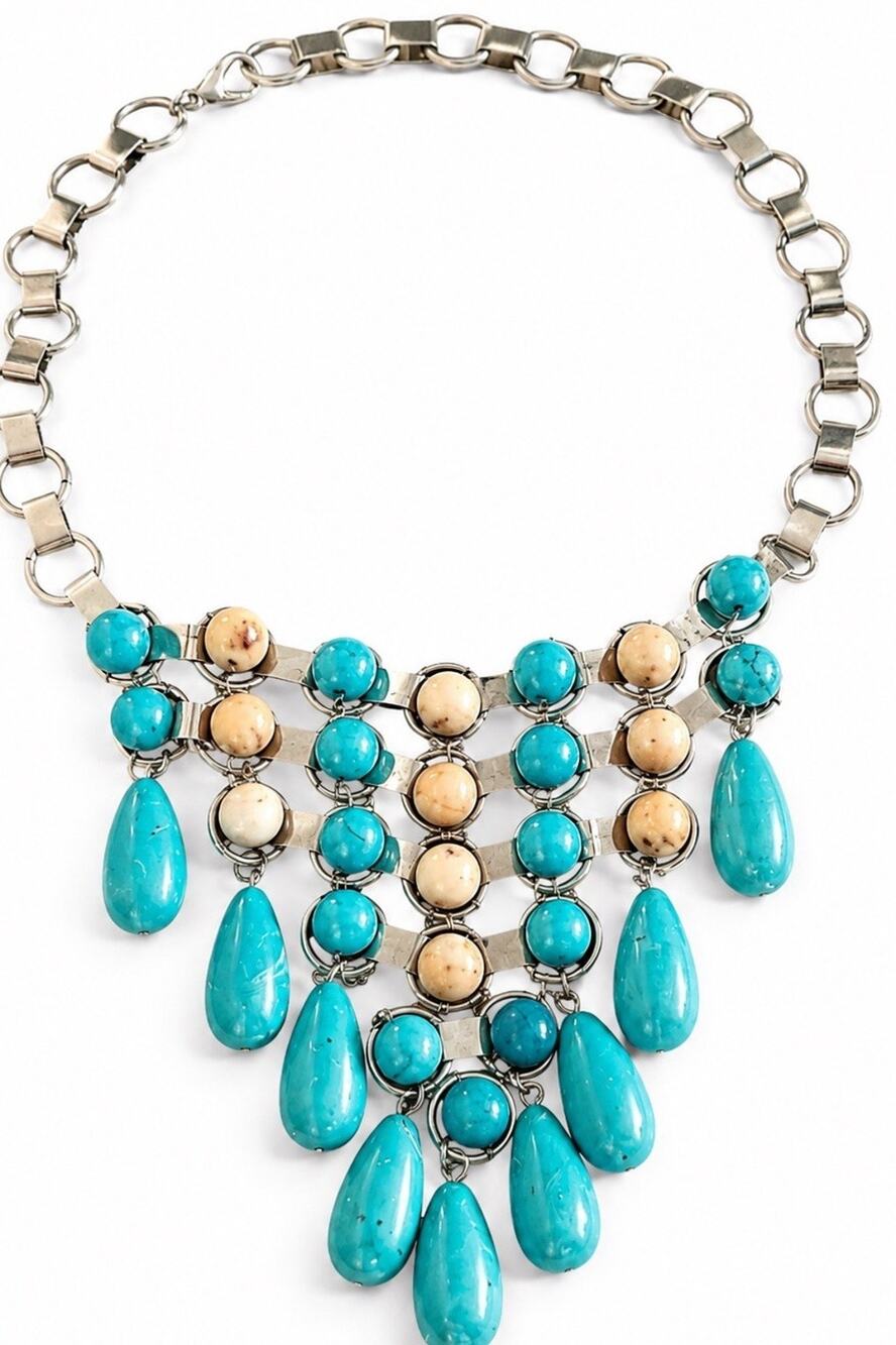 Dannijo Silver Tone Beaded Bib Statement Necklace Turquoise Cream Chain Link